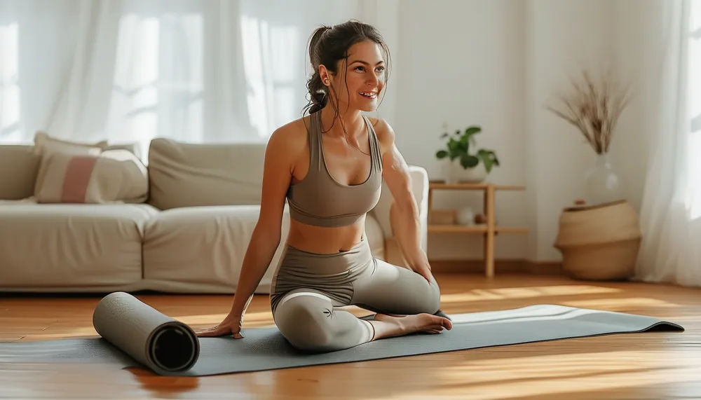 Woman motivated to work out at home, rolling out a mat